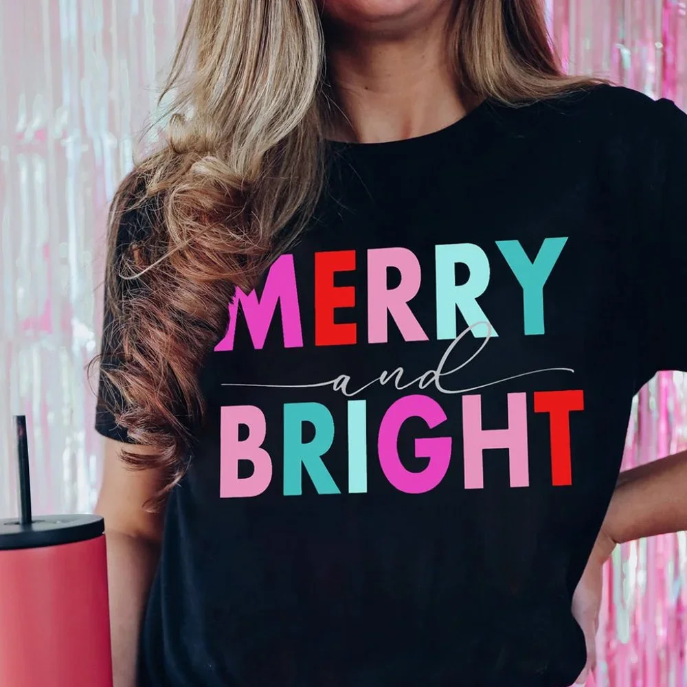 Black MERRY and BRIGHT Crew Neck Graphic Tee - Picture 1 of 8